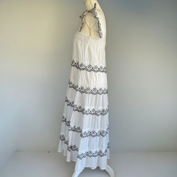 White 100% Cotton Embroidered Flutter Sleeveless Tiered Boho Maxi Dress - Picture 2 of 13